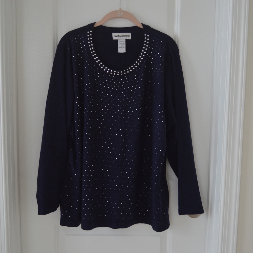Navy Rhinestone Embellished Long Sleeve Sweater